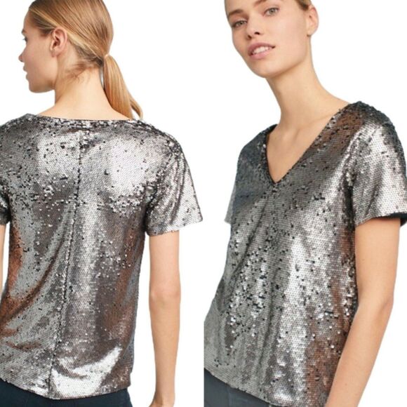ANTHROPOLOGIE Sequin Top Short Sleeve V-Neck Vanessa Virginia Silver Small EUC - Picture 2 of 11